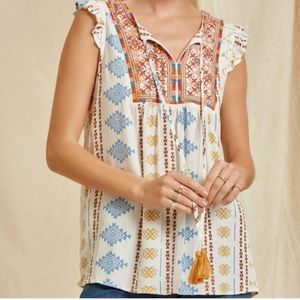 Savanna Jane Aztec Flutter Sleeve Tank With Embroidered Yoke